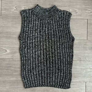 90s Metallic Silver Black Mock Neck Sweater Vest Silk Blend Knit Vintage Size M